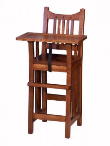 SUPERIOR WOODCRAFTS - Royal Mission Highchair - Dimensions (In inches): 20x20x39.5 Slide tray or flip tray, safety strap available.
