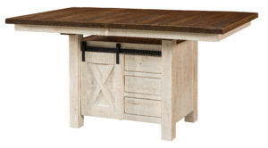 WEST POINT - Tulsa Cabinet Table 42" x 60" Sizes: 42" x 72", 48" x 60", 48" x 72", -Solid top or up to 2-16" Leaves -1¾" rectangle top with Mission edge is standard -Available in Rough Sawn Wormy Maple -Cabinet base is 36" w x 24" d (no options on cabinet size) -Standard with 3 drawers and sliding door with adjustable shelves (no options) -36" high is standard also available 42" High